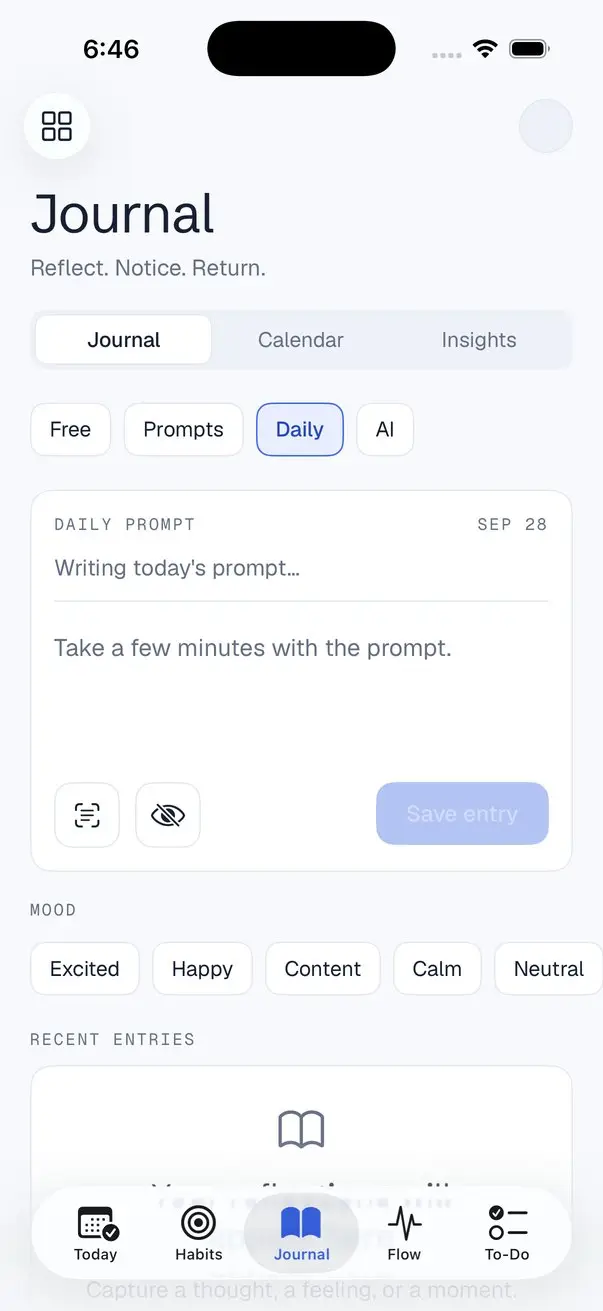 Journal screen with today’s prompt.