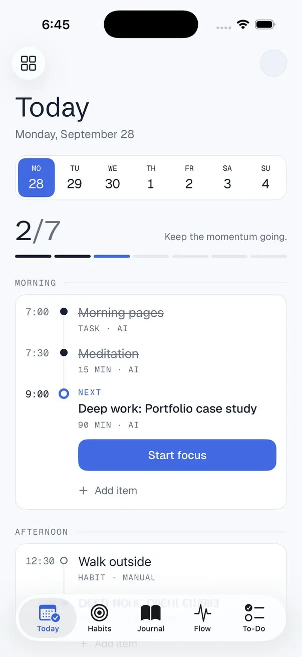 Today screen: morning pages and meditation done, deep work up next.