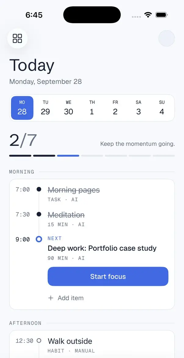 Today screen showing the tabs you picked.